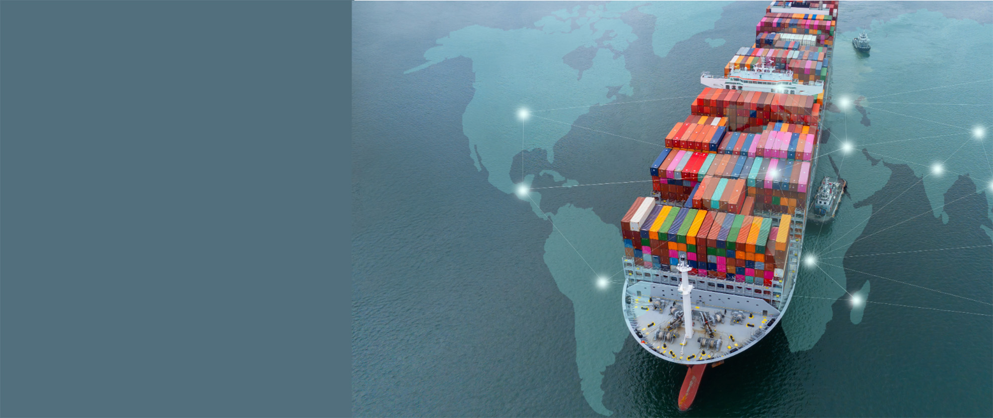 Freight ship graphic with points connected in world globe map